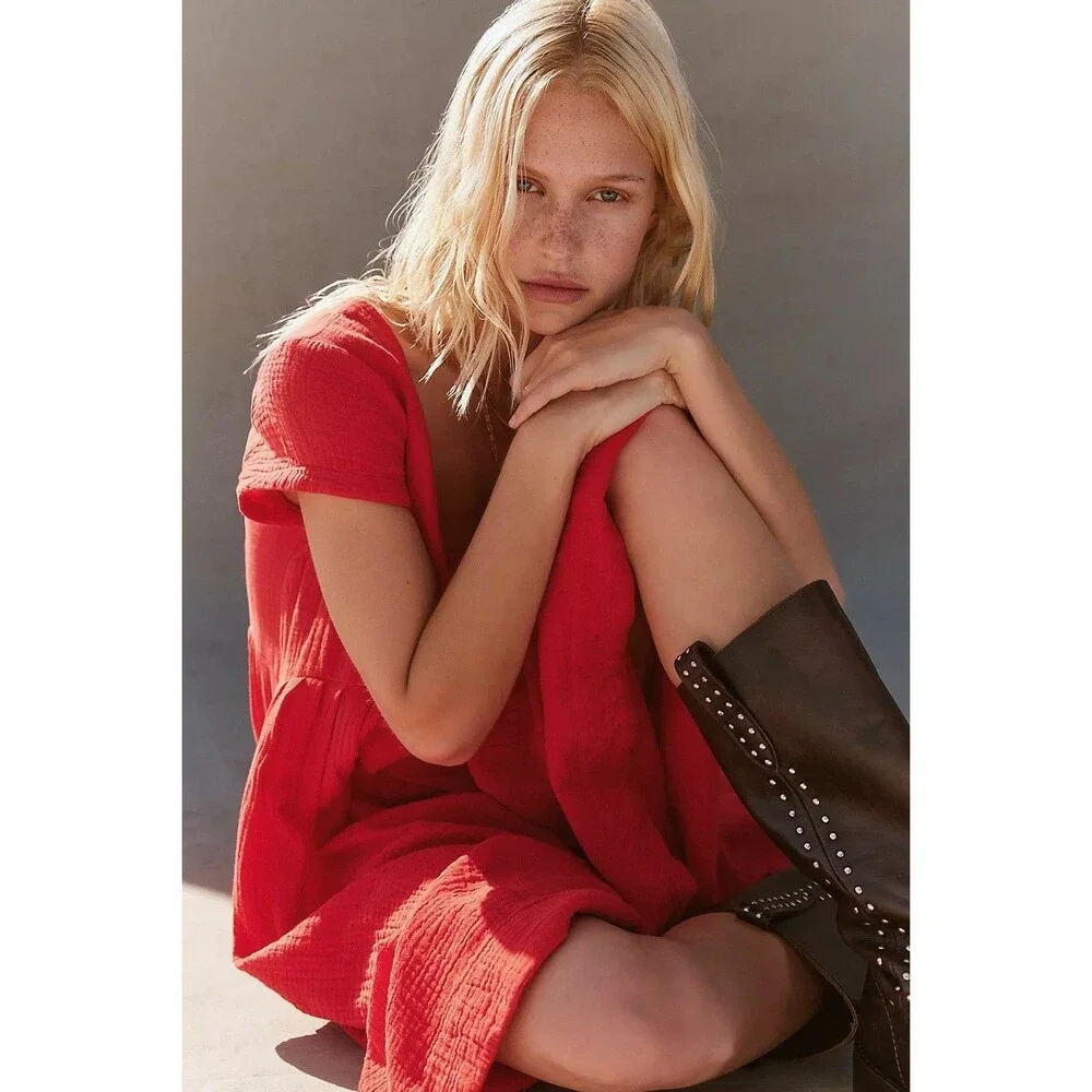 Free People Free-Est Blaine Midi Dress Cap Sleeve Fiery Red Scoop Neck S 288432